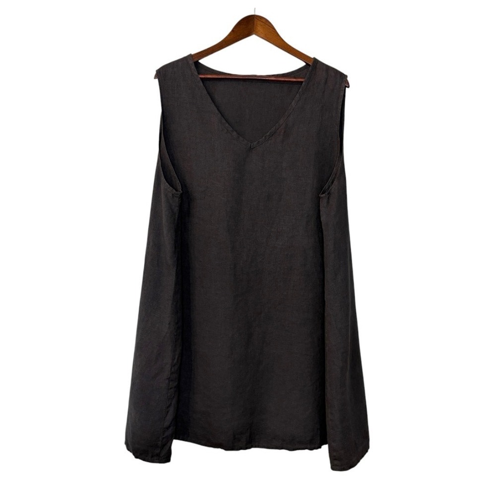 Flax linen sleeveless tunic tank top womens L 14-18 charcoal gray lagenlook boho